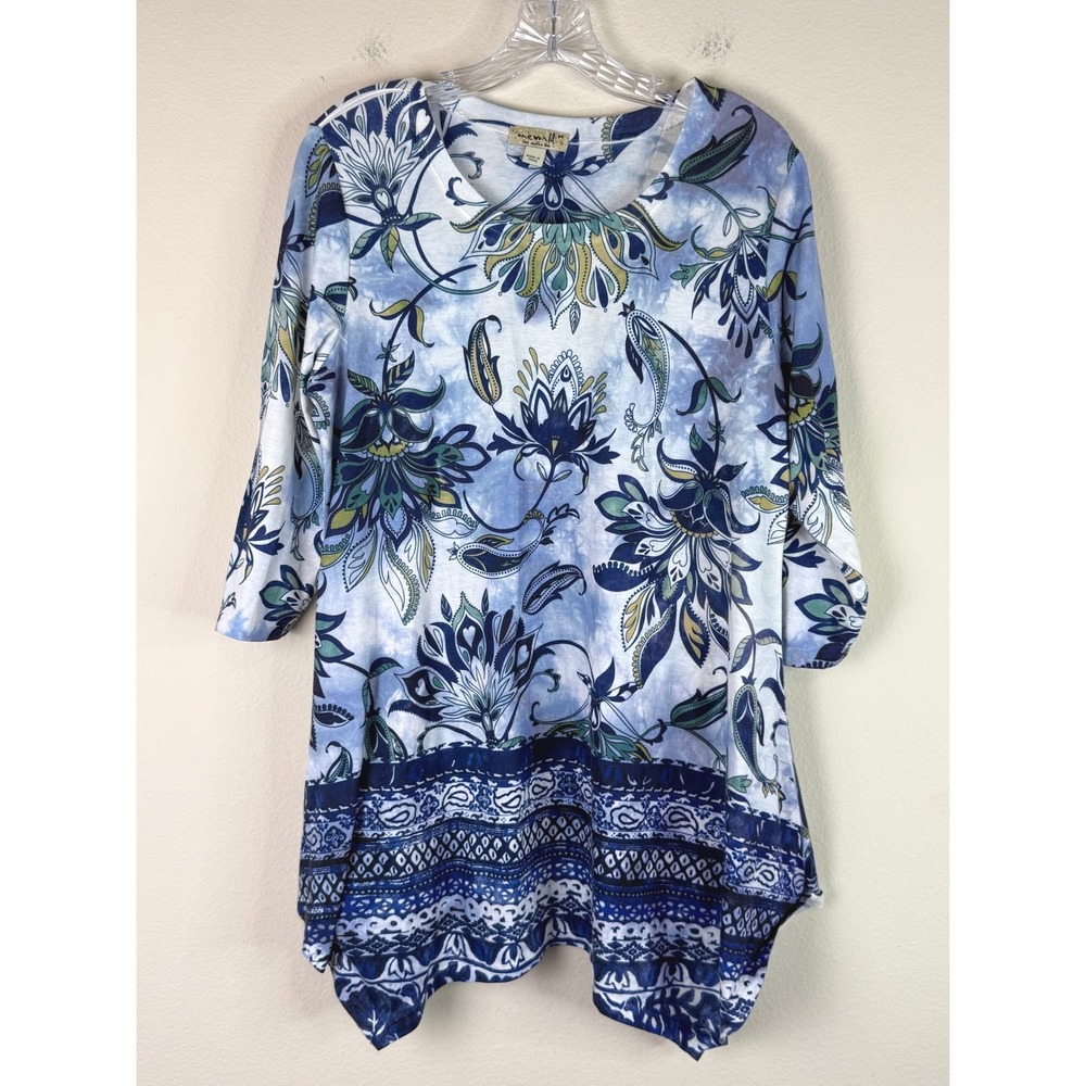 One World Tunic Women M Blue Floral Paisley Sharkbite Hem 3/4 Sleeve Top